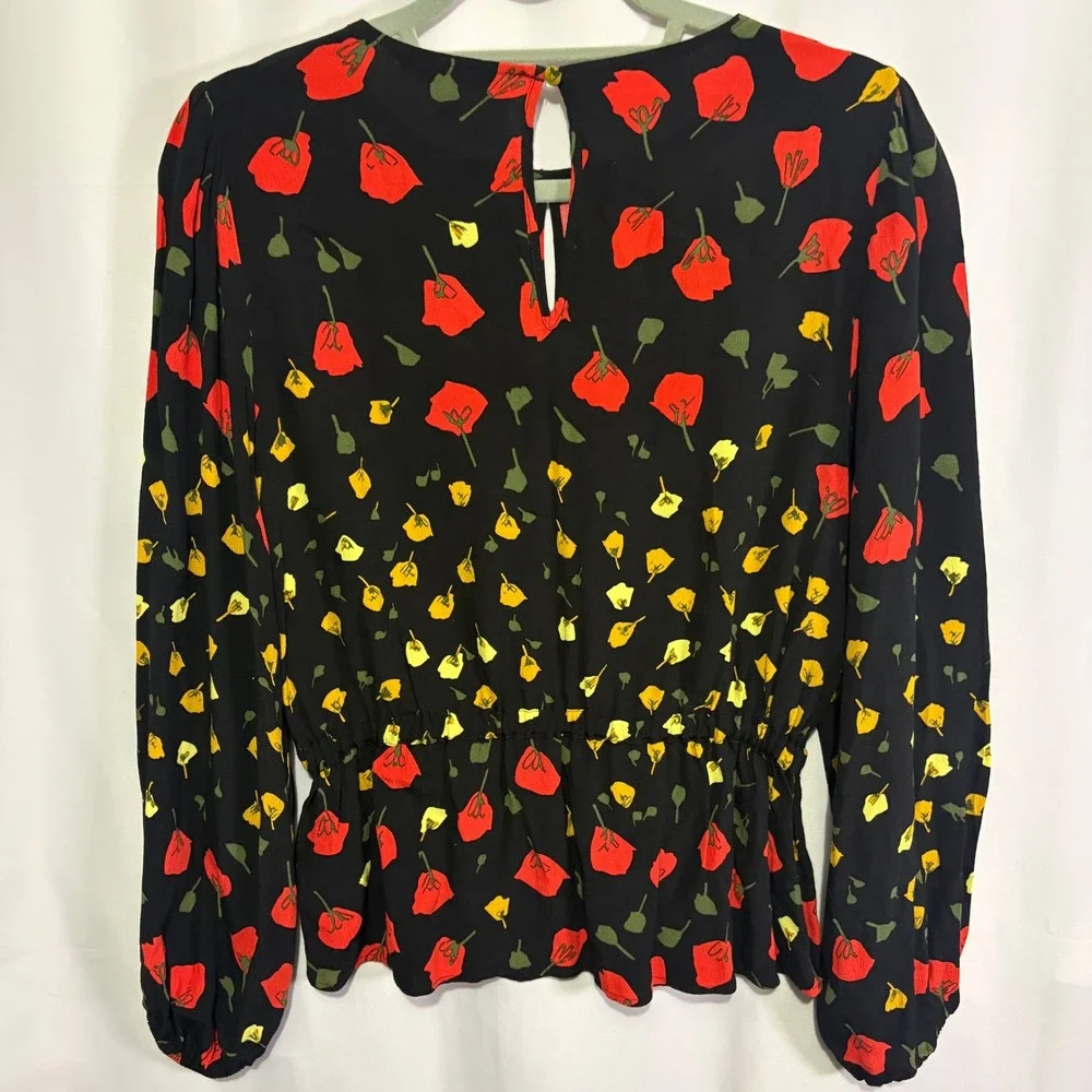 Banana Republic Floral Poppy Blouse Black L/S Cinched Waist S Fall Peplum Office